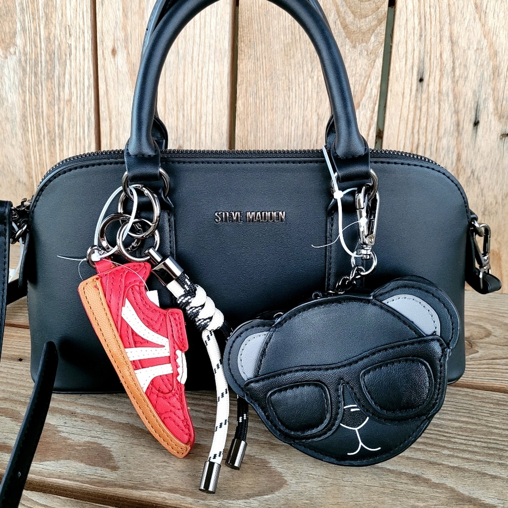 Steve Madden Black Handbag With Red Sneaker Bag Charm And Bear Coin Purse